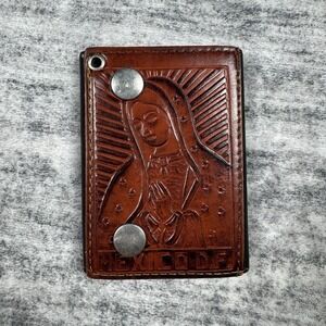 Vtg Mexico DF Virgin Mary Genuine Leather Men Trifold Wallet Brown Made In USA